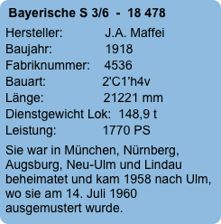 Bayerische S 3/6  -  18 478
Hersteller:            J.A. Maffei
Baujahr:               1918
Fabriknummer:    4536
Bauart:                2'C1'h4v
Länge:                 21221 mm
Dienstgewicht Lok:  148,9 t
Leistung:             1770 PS
Sie war in München, Nürnberg, Augsburg, Neu-Ulm und Lindau beheimatet und kam 1958 nach Ulm, wo sie am 14. Juli 1960 ausgemustert wurde.